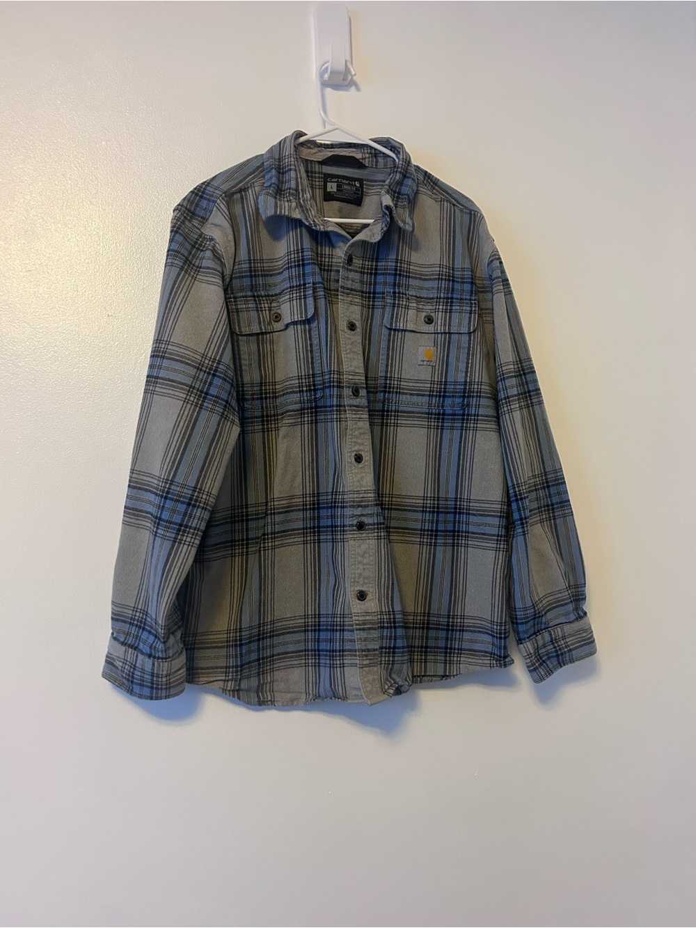 Carhartt Men’s Large Loose Fit Plaid Flannel Shirt Gray Blue 100% Cotton